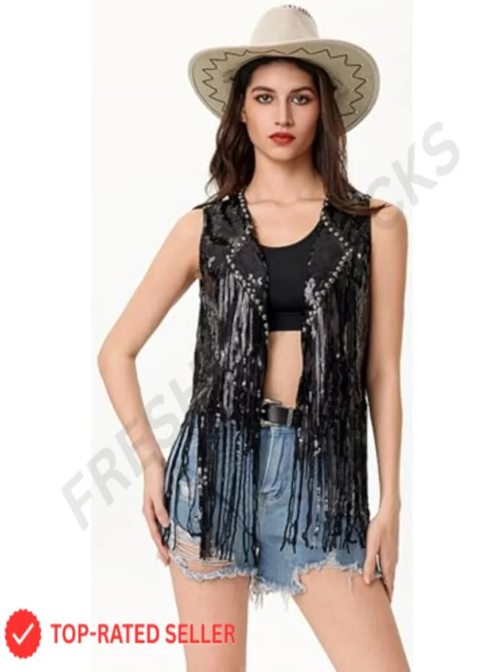 Sequin Fringe Vest Sleeveless Open Front Glitter Party Cowgirl Concert Jacket